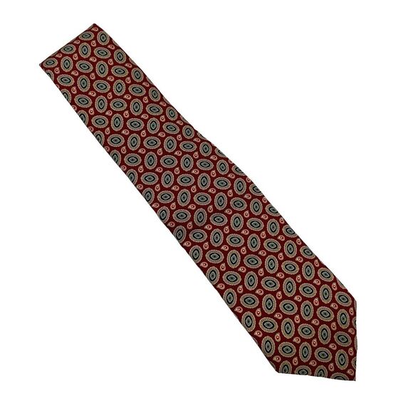 VTG Lands End 100% Silk Necktie Tie Red Paisley Geometric 01 - Picture 1 of 5